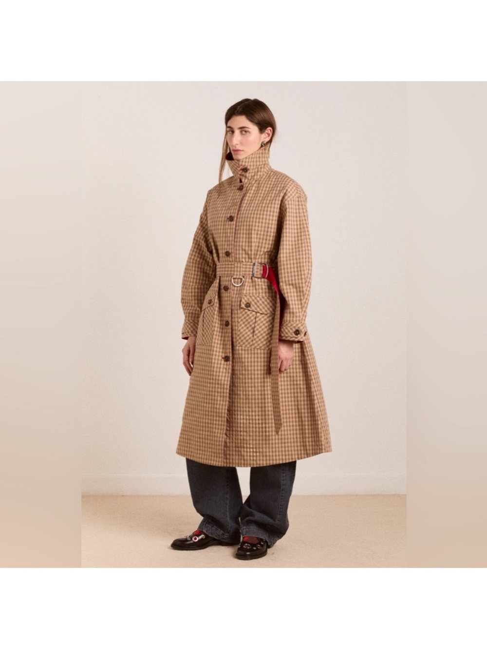 Damson Madder Reversible Red and Tan Check Women's Trench Coat oversized - Picture 5 of 16